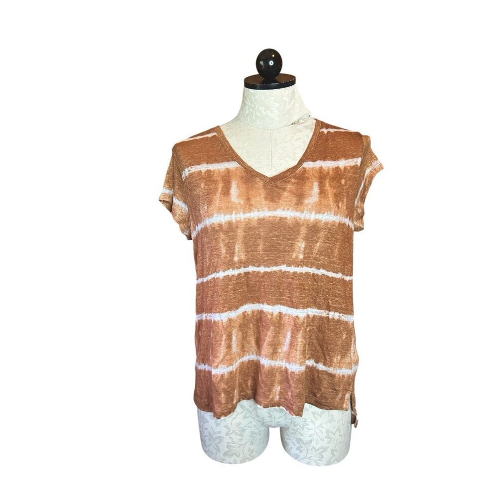 Rachel Zoe LINEN Top Women's L Brown & White Tye Dye Striped‎ Short Sleeves